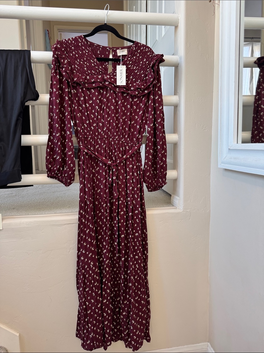Smocked Yoke Burgundy Printed Long-Sleeve Maxi Dress
